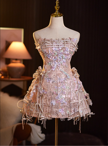 Shiny A-Line Strapless Birthday Dresses Sequins Appliques Bows Tassel Homecoming Dress AP4938