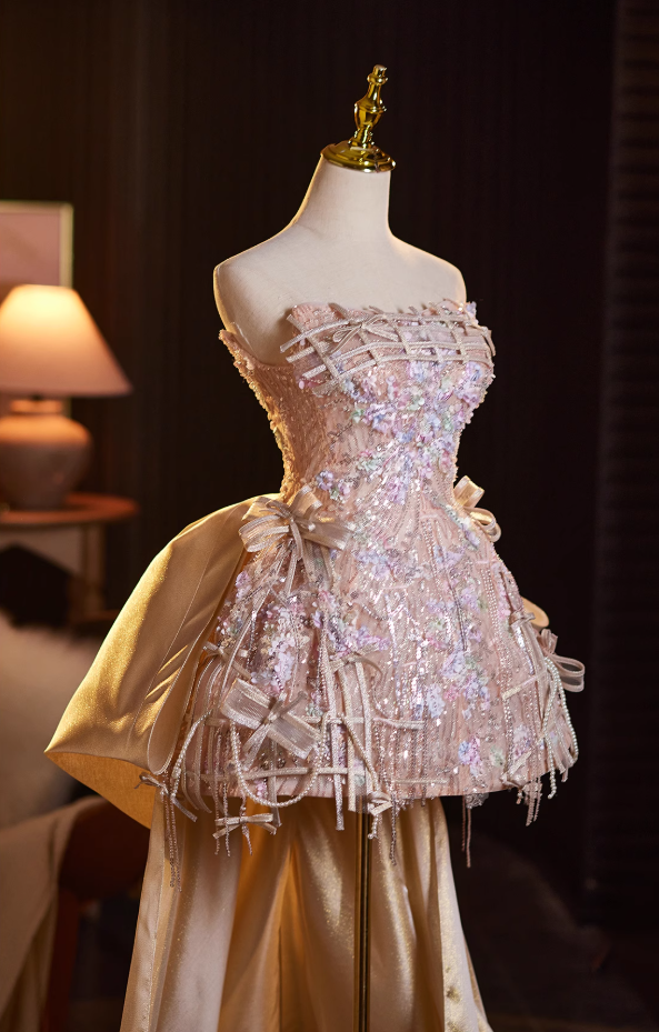 Shiny A-Line Strapless Birthday Dresses Sequins Appliques Bows Tassel Homecoming Dress AP4938