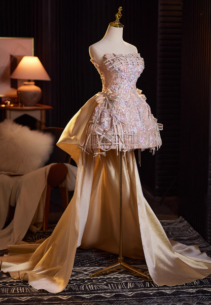 Shiny A-Line Strapless Birthday Dresses Sequins Appliques Bows Tassel Homecoming Dress AP4938