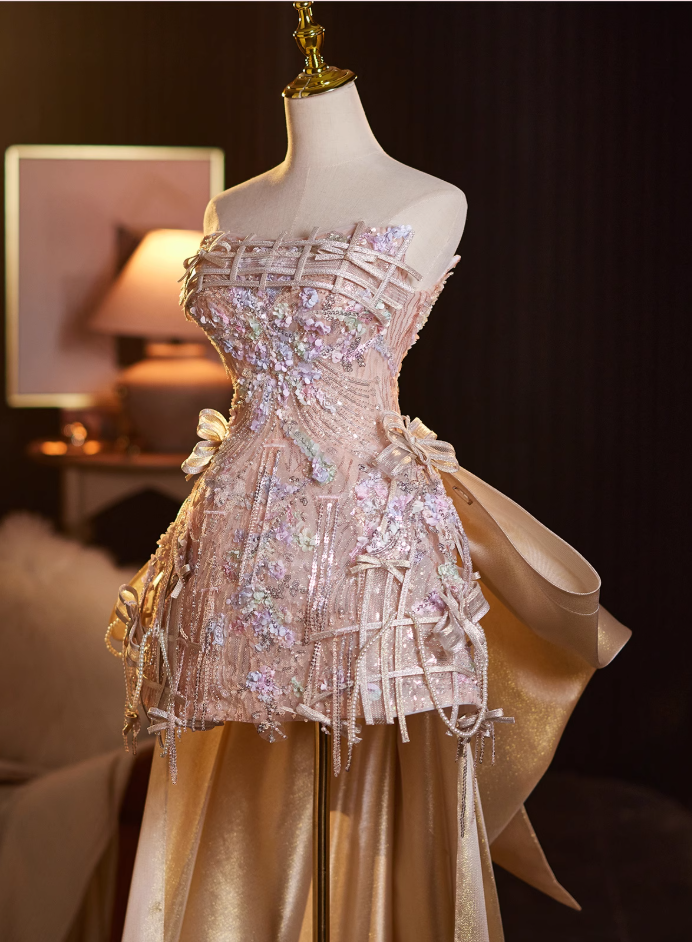 Shiny A-Line Strapless Birthday Dresses Sequins Appliques Bows Tassel Homecoming Dress AP4938