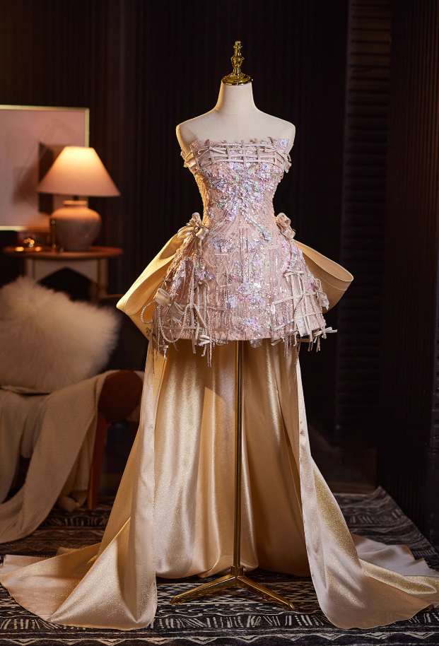 Shiny A-Line Strapless Birthday Dresses Sequins Appliques Bows Tassel Homecoming Dress AP4938