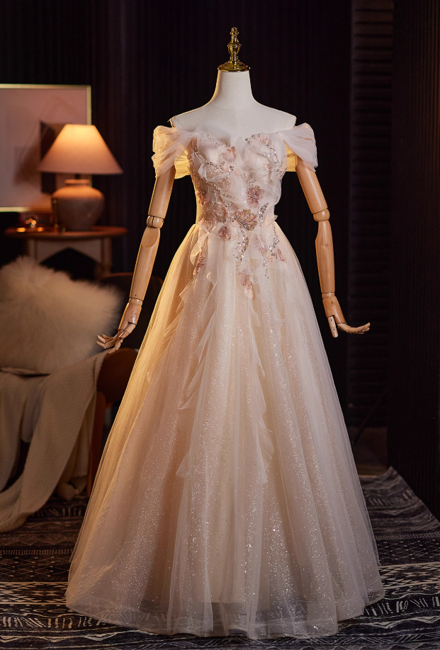 Avant-Garde A-Line Off-Shoulder Tulle Sweet 16th Gowns Beading Sequins Applique Prom Dress AP4939