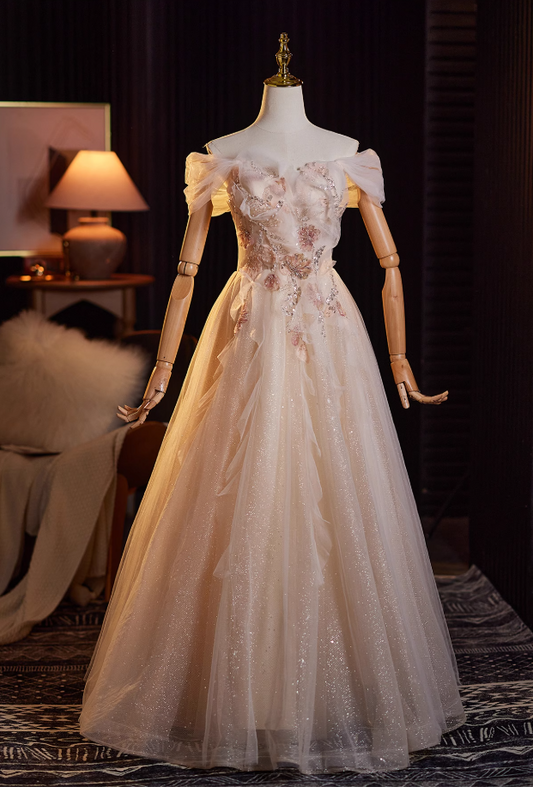 Avant-Garde A-Line Off-Shoulder Tulle Sweet 16th Gowns Beading Sequins Applique Prom Dress AP4939