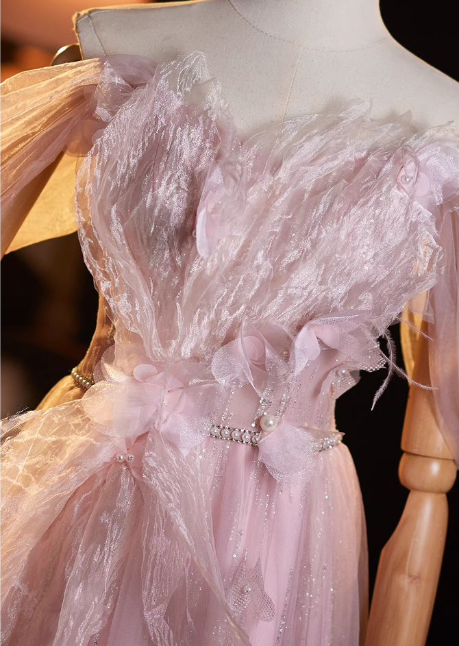 Eye-Catching A-Line Off-Shoulder High-Slit Sweet 16th Gowns Beads Sequins Appliques Tulle Prom Dress AP4940