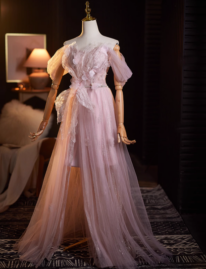 Eye-Catching A-Line Off-Shoulder High-Slit Sweet 16th Gowns Beads Sequins Appliques Tulle Prom Dress AP4940