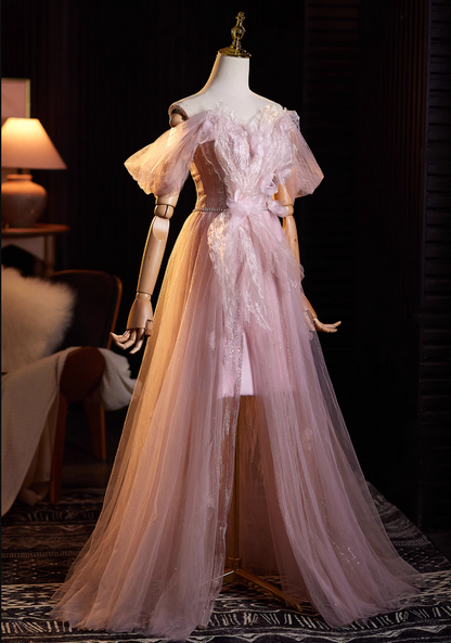 Eye-Catching A-Line Off-Shoulder High-Slit Sweet 16th Gowns Beads Sequins Appliques Tulle Prom Dress AP4940