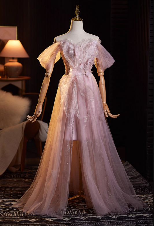 Eye-Catching A-Line Off-Shoulder High-Slit Sweet 16th Gowns Beads Sequins Appliques Tulle Prom Dress AP4940