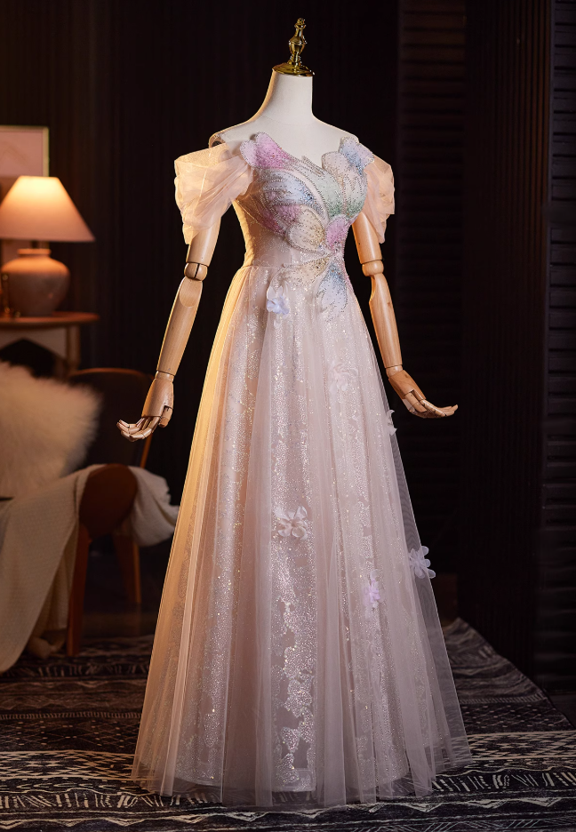 Fresh A-Line Off-Shoulder Tulle Sweet 16th Gowns Sequins Appliques Prom Dress AP4941