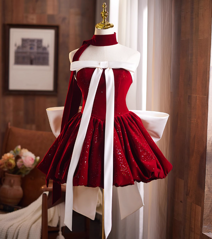 Voluminous A-Line Strapless Birthday Dresses Merry Christmas Sequins Bows Red Homecoming Dress AP4942