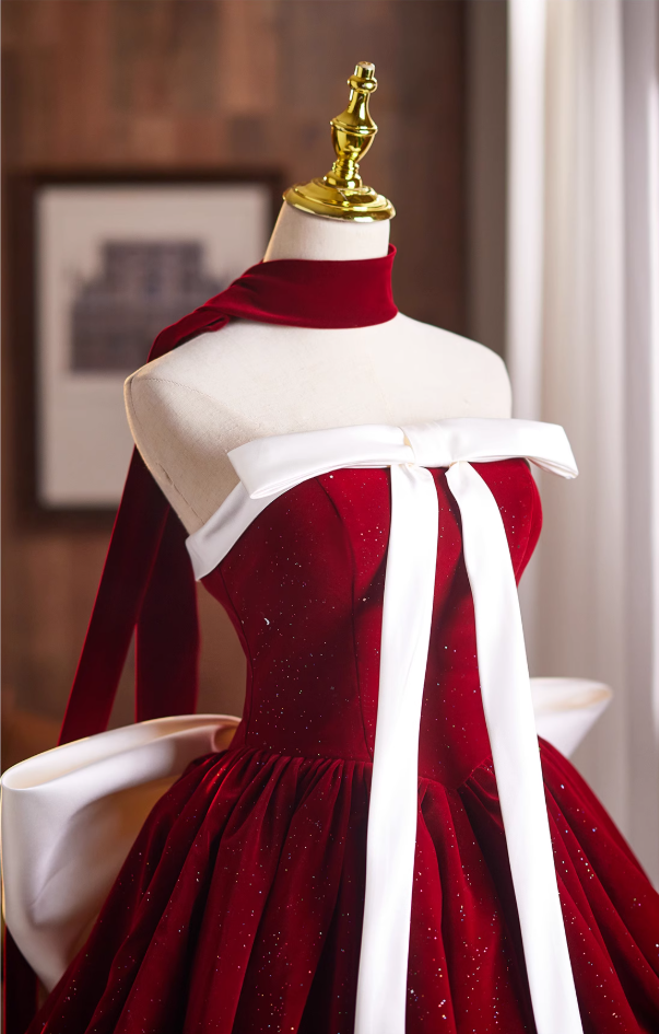 Voluminous A-Line Strapless Birthday Dresses Merry Christmas Sequins Bows Red Homecoming Dress AP4942