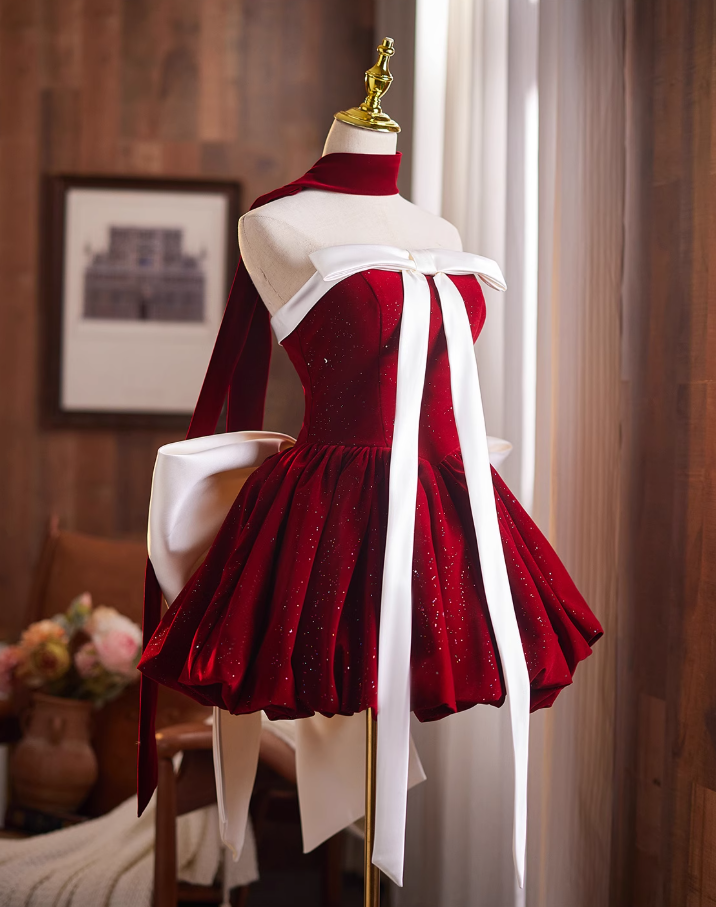 Voluminous A-Line Strapless Birthday Dresses Merry Christmas Sequins Bows Red Homecoming Dress AP4942