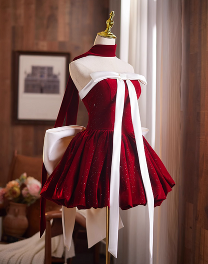 Voluminous A-Line Strapless Birthday Dresses Merry Christmas Sequins Bows Red Homecoming Dress AP4942