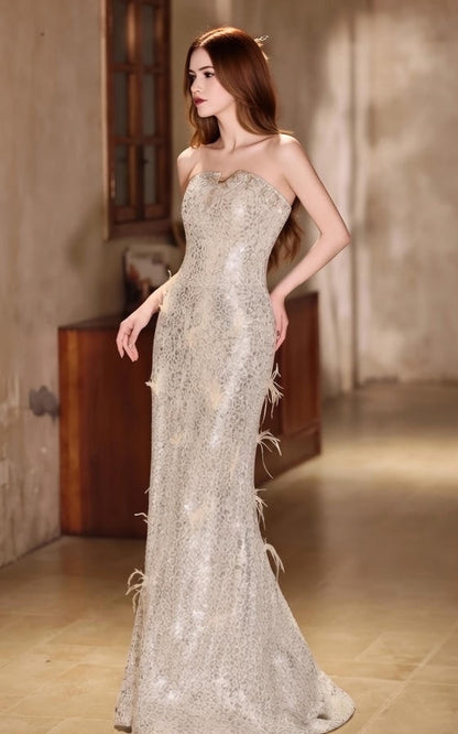 Victorian-Inspired Strapless Sweet 16th Mermaid Dresses Feather Beading Sequins Prom Dress AP4943
