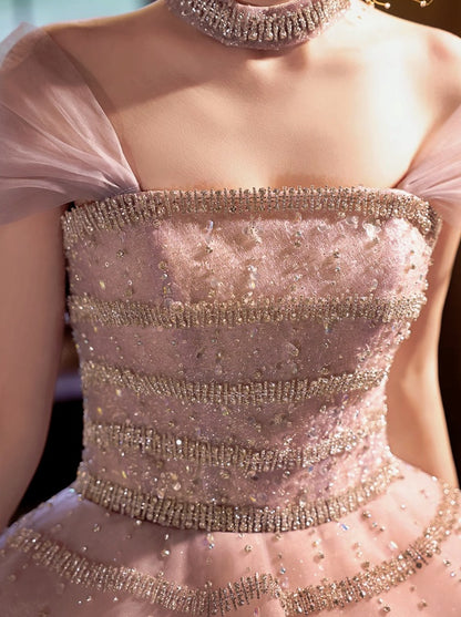 Ornate A-Line Off-Shoulder Ruffles Tulle Sweet 16th Gowns Appliques Beading Sequins Prom Dress AP4947