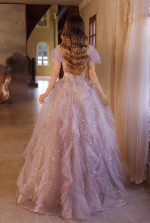 Ornate A-Line Off-Shoulder Ruffles Tulle Sweet 16th Gowns Appliques Beading Sequins Prom Dress AP4947