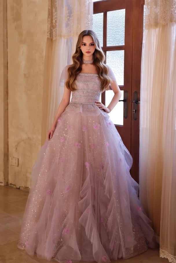 Ornate A-Line Off-Shoulder Ruffles Tulle Sweet 16th Gowns Appliques Beading Sequins Prom Dress AP4947