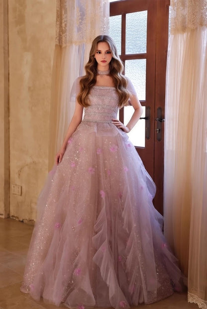Ornate A-Line Off-Shoulder Ruffles Tulle Sweet 16th Gowns Appliques Beading Sequins Prom Dress AP4947