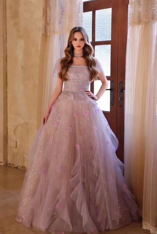 Ornate A-Line Off-Shoulder Ruffles Tulle Sweet 16th Gowns Appliques Beading Sequins Prom Dress AP4947