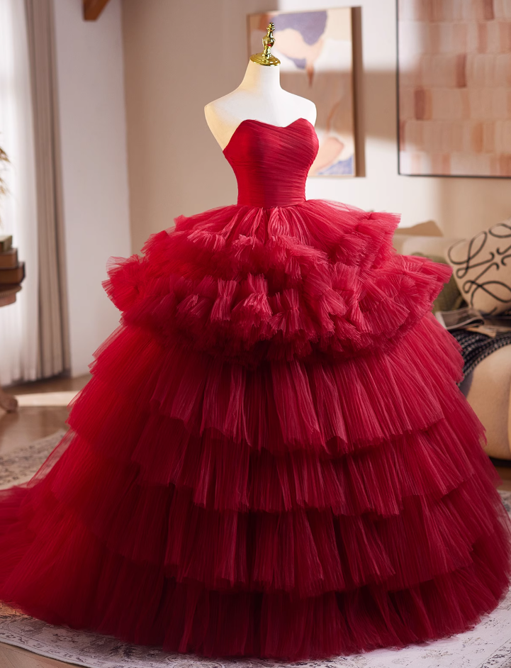 Fabulous Strapless A-Line Red Sweet 16th Dresses Pleated Tiered Tulle Prom Dress AP4948