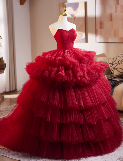 Fabulous Strapless A-Line Red Sweet 16th Dresses Pleated Tiered Tulle Prom Dress AP4948