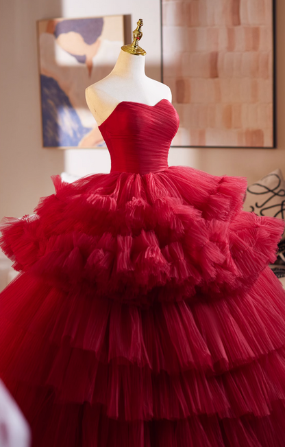 Fabulous Strapless A-Line Red Sweet 16th Dresses Pleated Tiered Tulle Prom Dress AP4948