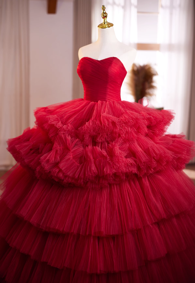 Fabulous Strapless A-Line Red Sweet 16th Dresses Pleated Tiered Tulle Prom Dress AP4948