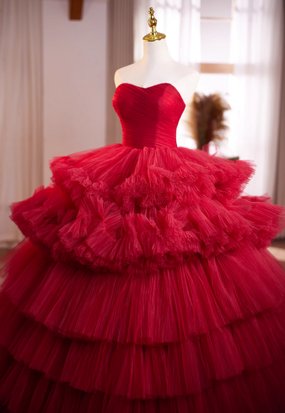 Fabulous Strapless A-Line Red Sweet 16th Dresses Pleated Tiered Tulle Prom Dress AP4948