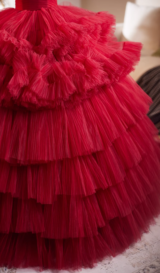 Fabulous Strapless A-Line Red Sweet 16th Dresses Pleated Tiered Tulle Prom Dress AP4948