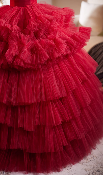 Fabulous Strapless A-Line Red Sweet 16th Dresses Pleated Tiered Tulle Prom Dress AP4948