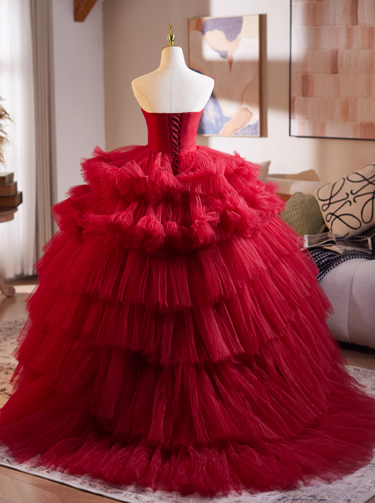 Fabulous Strapless A-Line Red Sweet 16th Dresses Pleated Tiered Tulle Prom Dress AP4948