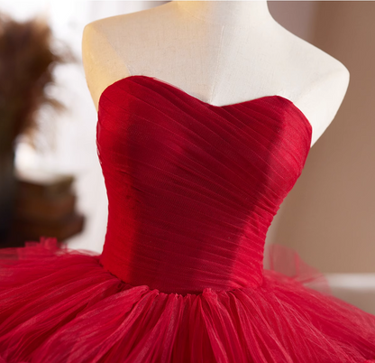 Fabulous Strapless A-Line Red Sweet 16th Dresses Pleated Tiered Tulle Prom Dress AP4948