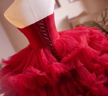 Fabulous Strapless A-Line Red Sweet 16th Dresses Pleated Tiered Tulle Prom Dress AP4948