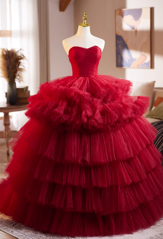 Fabulous Strapless A-Line Red Sweet 16th Dresses Pleated Tiered Tulle Prom Dress AP4948