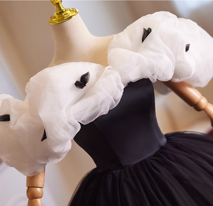 Chic A-Line Off-Shoulder Sweet 16th Gowns White & Black Tulle Prom Dress AP4949