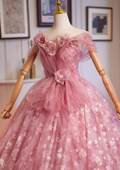 Luxurious A-Line Off-Shoulder Floral Sweet 16th Gowns Handmade Flowers Ruffles Tulle Prom Dress AP4950