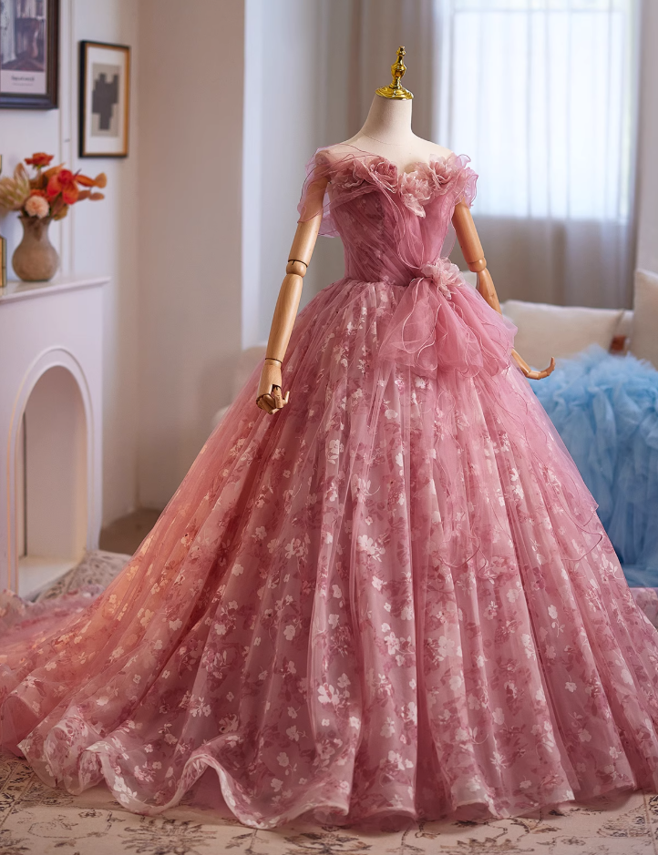 Luxurious A-Line Off-Shoulder Floral Sweet 16th Gowns Handmade Flowers Ruffles Tulle Prom Dress AP4950
