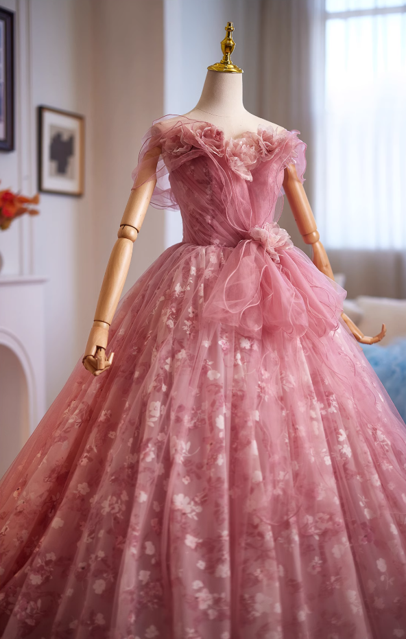 Luxurious A-Line Off-Shoulder Floral Sweet 16th Gowns Handmade Flowers Ruffles Tulle Prom Dress AP4950