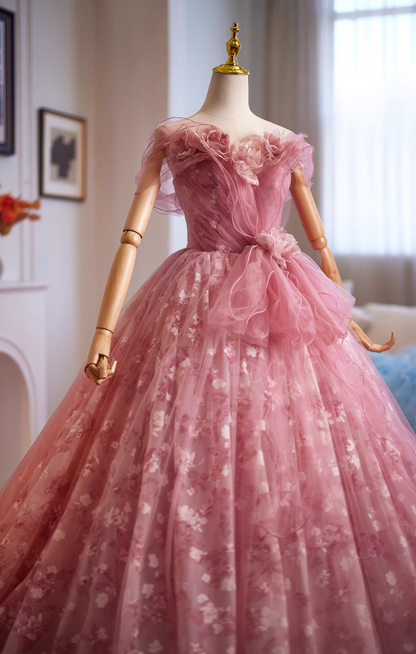 Luxurious A-Line Off-Shoulder Floral Sweet 16th Gowns Handmade Flowers Ruffles Tulle Prom Dress AP4950