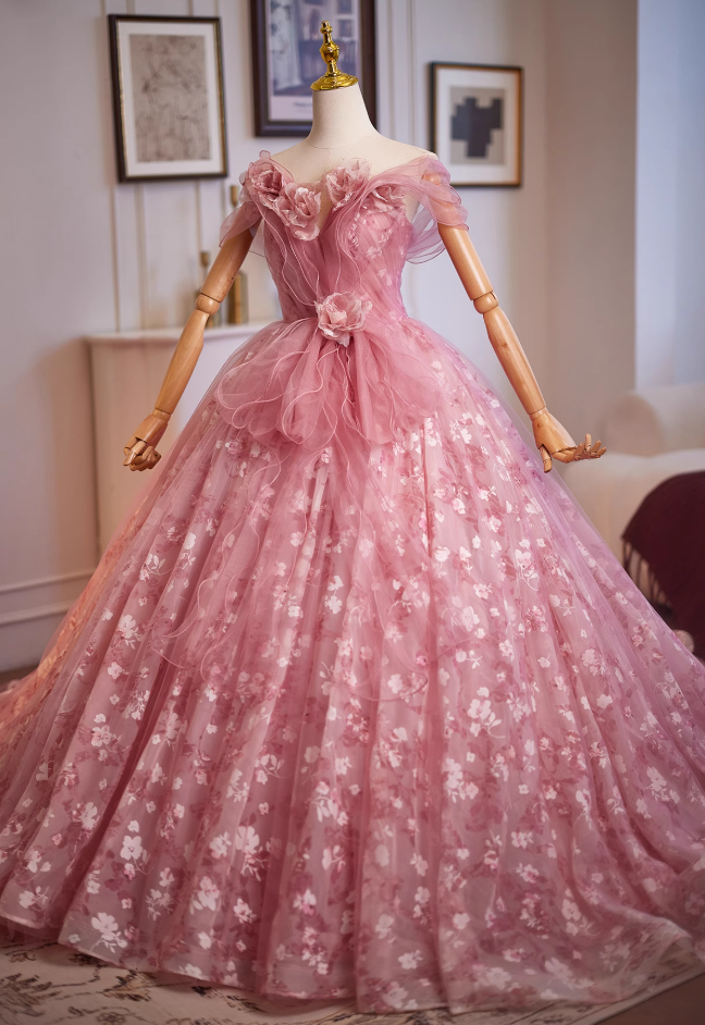 Luxurious A-Line Off-Shoulder Floral Sweet 16th Gowns Handmade Flowers Ruffles Tulle Prom Dress AP4950