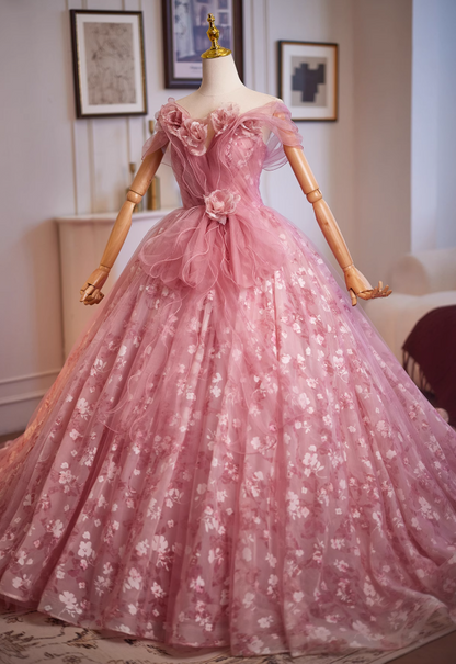 Luxurious A-Line Off-Shoulder Floral Sweet 16th Gowns Handmade Flowers Ruffles Tulle Prom Dress AP4950