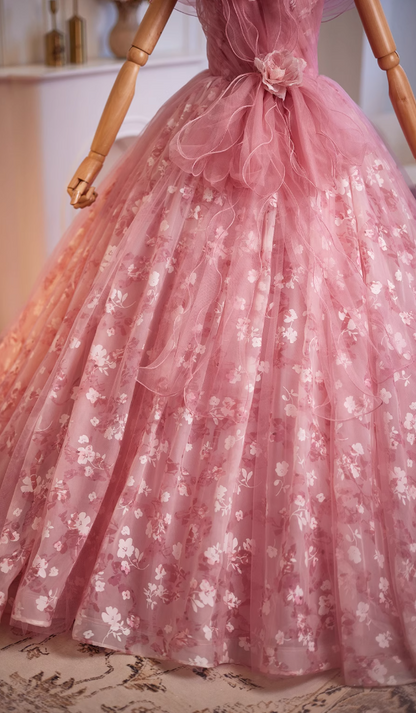 Luxurious A-Line Off-Shoulder Floral Sweet 16th Gowns Handmade Flowers Ruffles Tulle Prom Dress AP4950