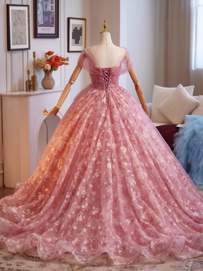 Luxurious A-Line Off-Shoulder Floral Sweet 16th Gowns Handmade Flowers Ruffles Tulle Prom Dress AP4950