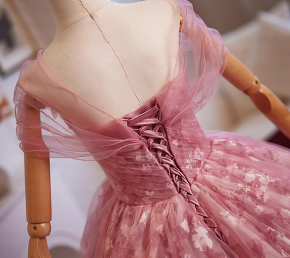 Luxurious A-Line Off-Shoulder Floral Sweet 16th Gowns Handmade Flowers Ruffles Tulle Prom Dress AP4950