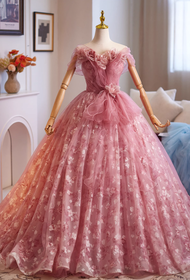 Luxurious A-Line Off-Shoulder Floral Sweet 16th Gowns Handmade Flowers Ruffles Tulle Prom Dress AP4950