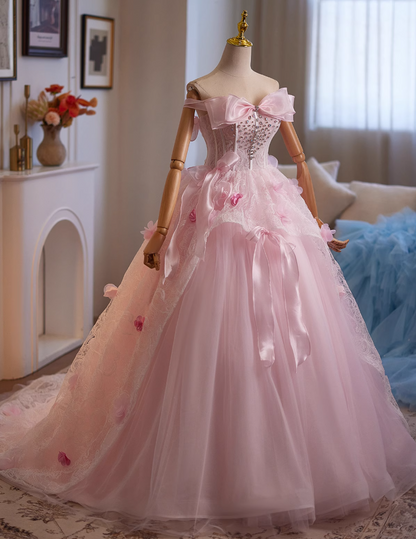 Luxury A-Line Off-Shoulder Sweet 16th Gowns Appliques Lace Bow Crystals Prom Dress AP4951