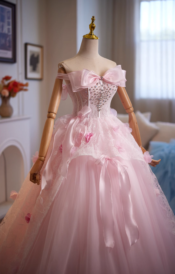 Luxury A-Line Off-Shoulder Sweet 16th Gowns Appliques Lace Bow Crystals Prom Dress AP4951