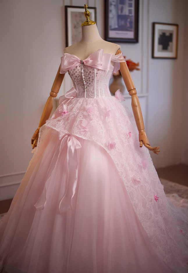Luxury A-Line Off-Shoulder Sweet 16th Gowns Appliques Lace Bow Crystals Prom Dress AP4951