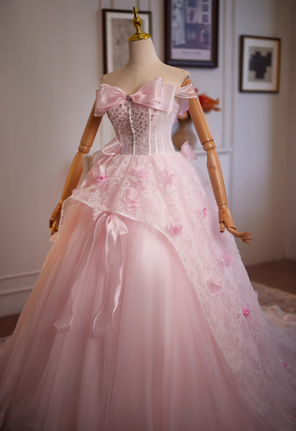 Luxury A-Line Off-Shoulder Sweet 16th Gowns Appliques Lace Bow Crystals Prom Dress AP4951