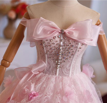 Luxury A-Line Off-Shoulder Sweet 16th Gowns Appliques Lace Bow Crystals Prom Dress AP4951