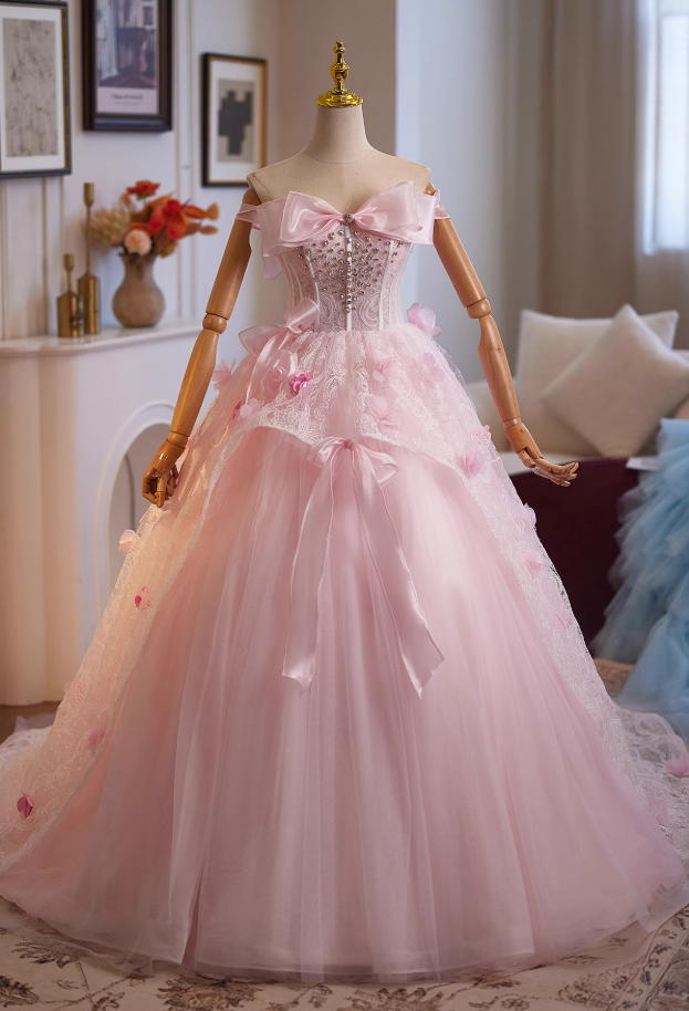 Luxury A-Line Off-Shoulder Sweet 16th Gowns Appliques Lace Bow Crystals Prom Dress AP4951